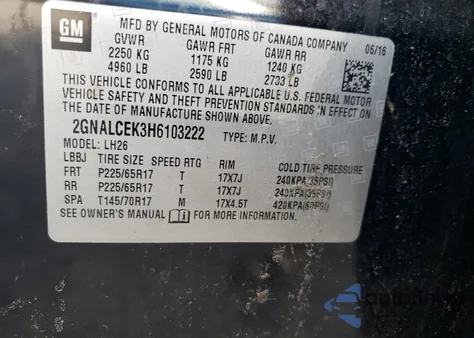 2017 Chevrolet Equinox Lt z USA, uszkodzony, nr VIN 2GNALCEK3H6103222